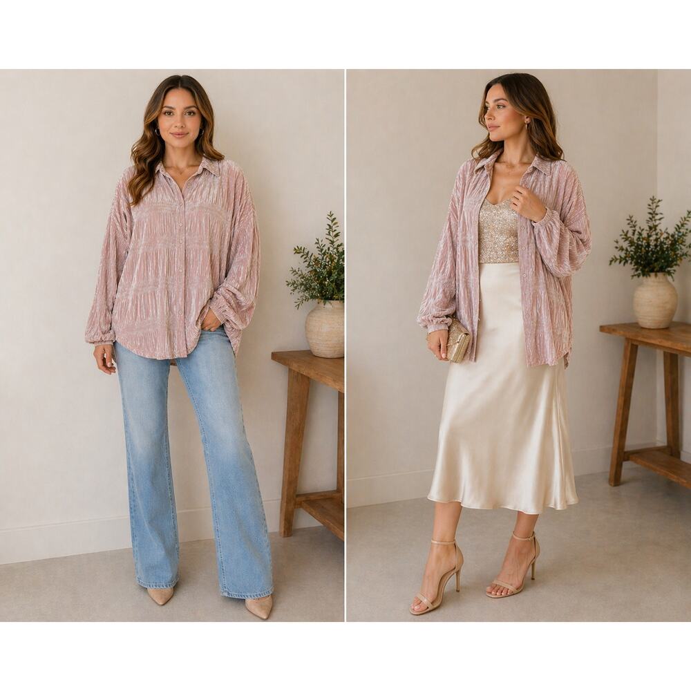 YICI Blush Crinkle Button Down Shirt Womens Small Oversized Long Sleeve Top NWT